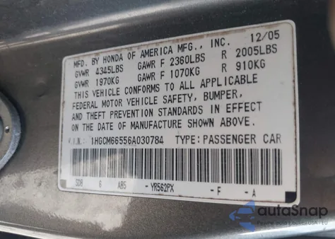 2006 Honda Accord Sdn Ex-L V6 z USA, uszkodzony, nr VIN 1HGCM66556A030784